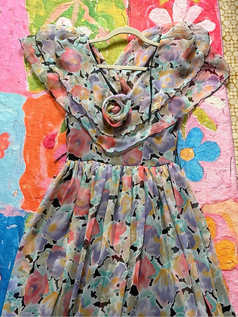 Vintage 80s Algo Boutique Pastel Floral Ruffle Midi Dress Rosette Made in Canada